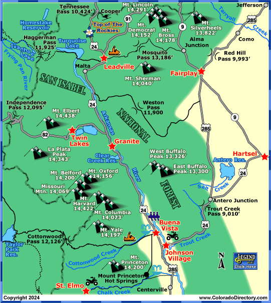 Map of Buena Vista, Park County, and Leadville areas in Colorado.