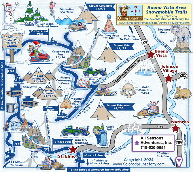 Snowmobile Trails Map for Buena Vista, Johnson Village, Nathrop, St. Elmo and Tin Cup, Colorado.