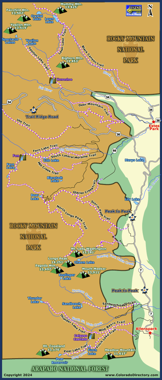 Estes Park and Rocky Mountain National Park Snowshoeing Trail Map, Colorado.