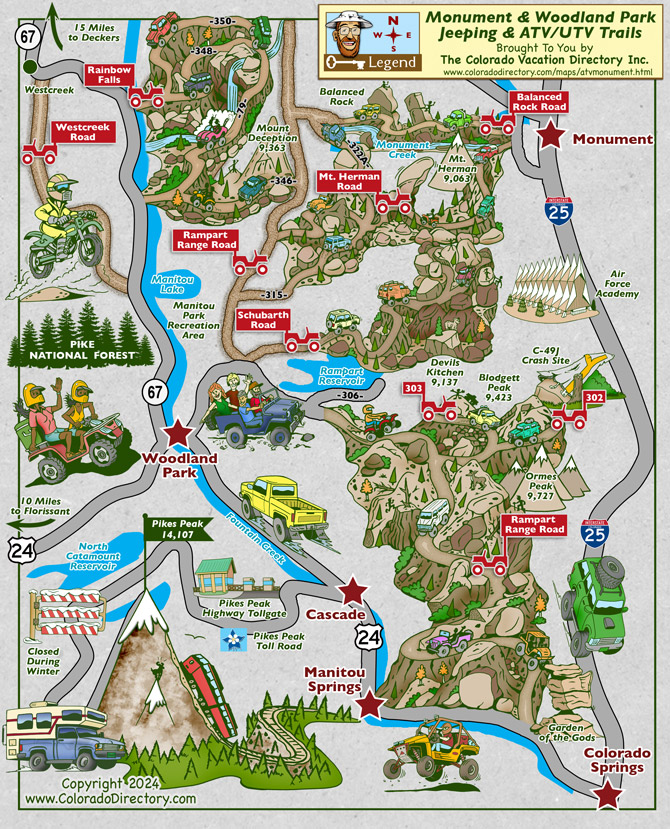 Jeeping and ATV/UTV trail and road map for the Monument, Woodland Park, Cascade, Manitou Springs and Colorado Springs, Colorado